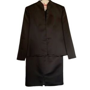 Oleg Cassini Women Black Tie Formal Wedding Satin Front Slit Skirt Suit 12 Lined